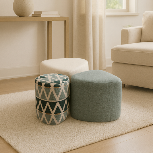 Pouf-Set mit drei unterschiedlich geformten Sitzkörpern – Ahié