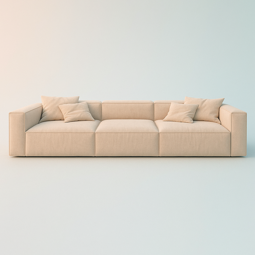 Ecksofa mit breit geführter Eckpolsterung in hellem Stoff – 2 – Ahié