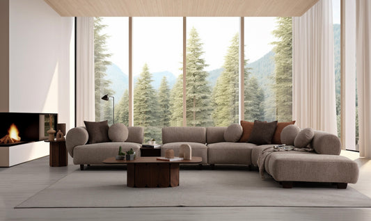 Ecksofa mit breit geführter Eckpolsterung und tief auslaufender Lounge-Polsterung in Variante 3