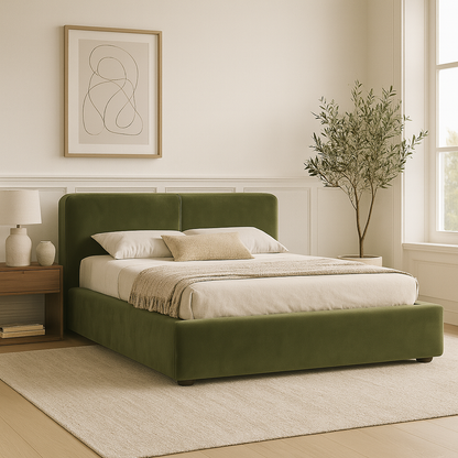B2004 Bett mit grünem Veloursbezug