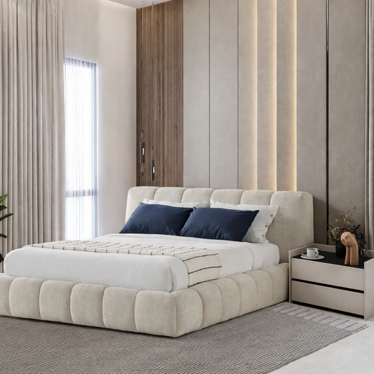 Polsterbett gerastertes Kopfteil Stoff Bettkasten Schlafzimmer Schweiz – Ahié