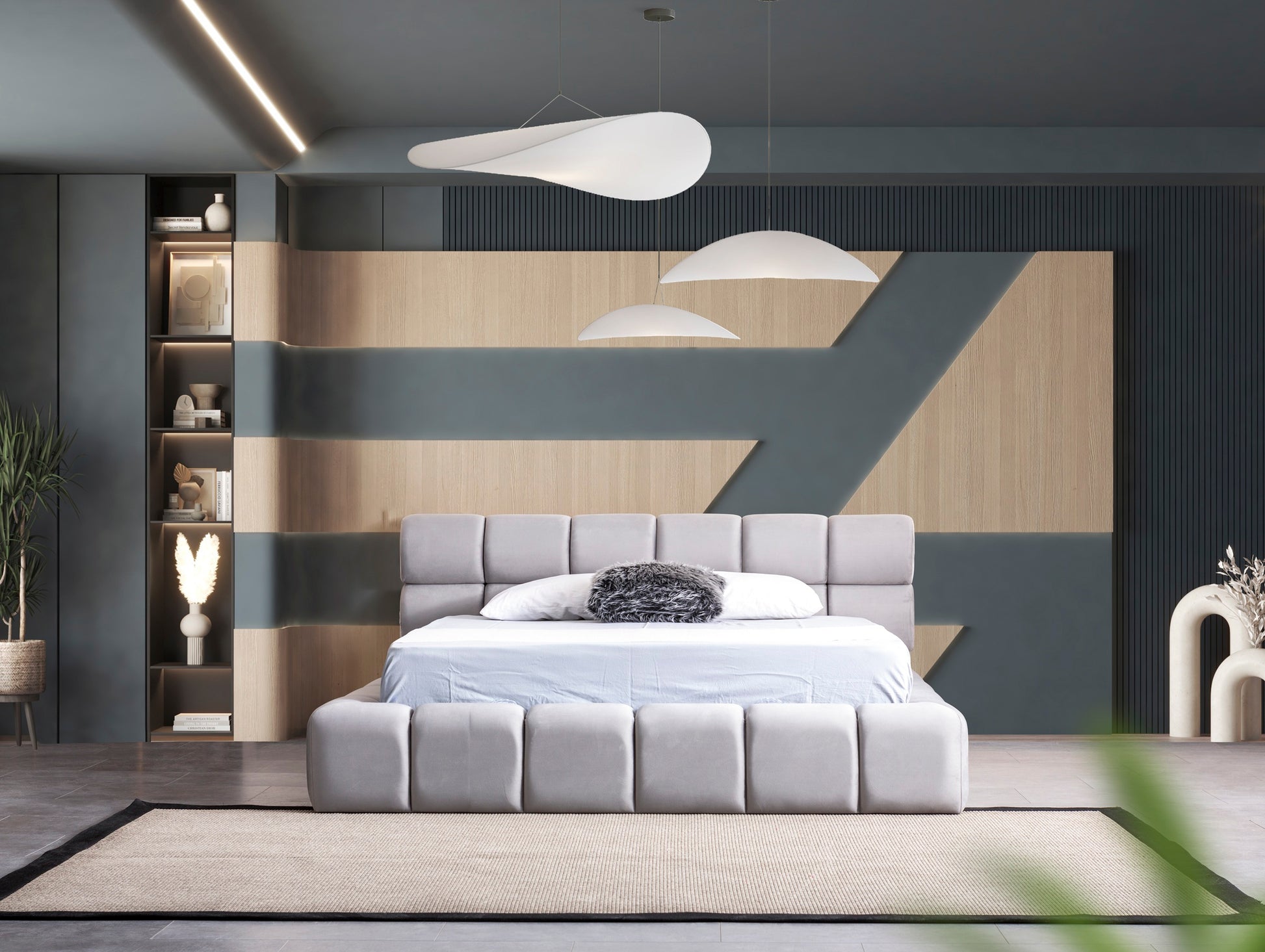 Polsterbett gestaffeltes Kopfteil Rundsegmente Stoff Bettkasten Schlafzimmer Schweiz – Ahié