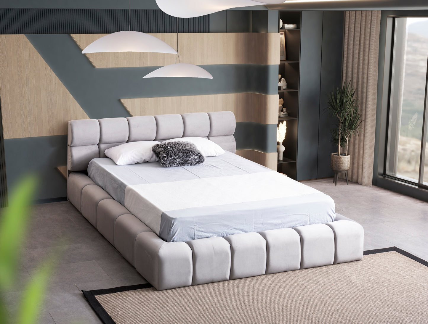 Polsterbett gestaffeltes Kopfteil Rundsegmente Stoff Bettkasten Schlafzimmer Schweiz – Ahié