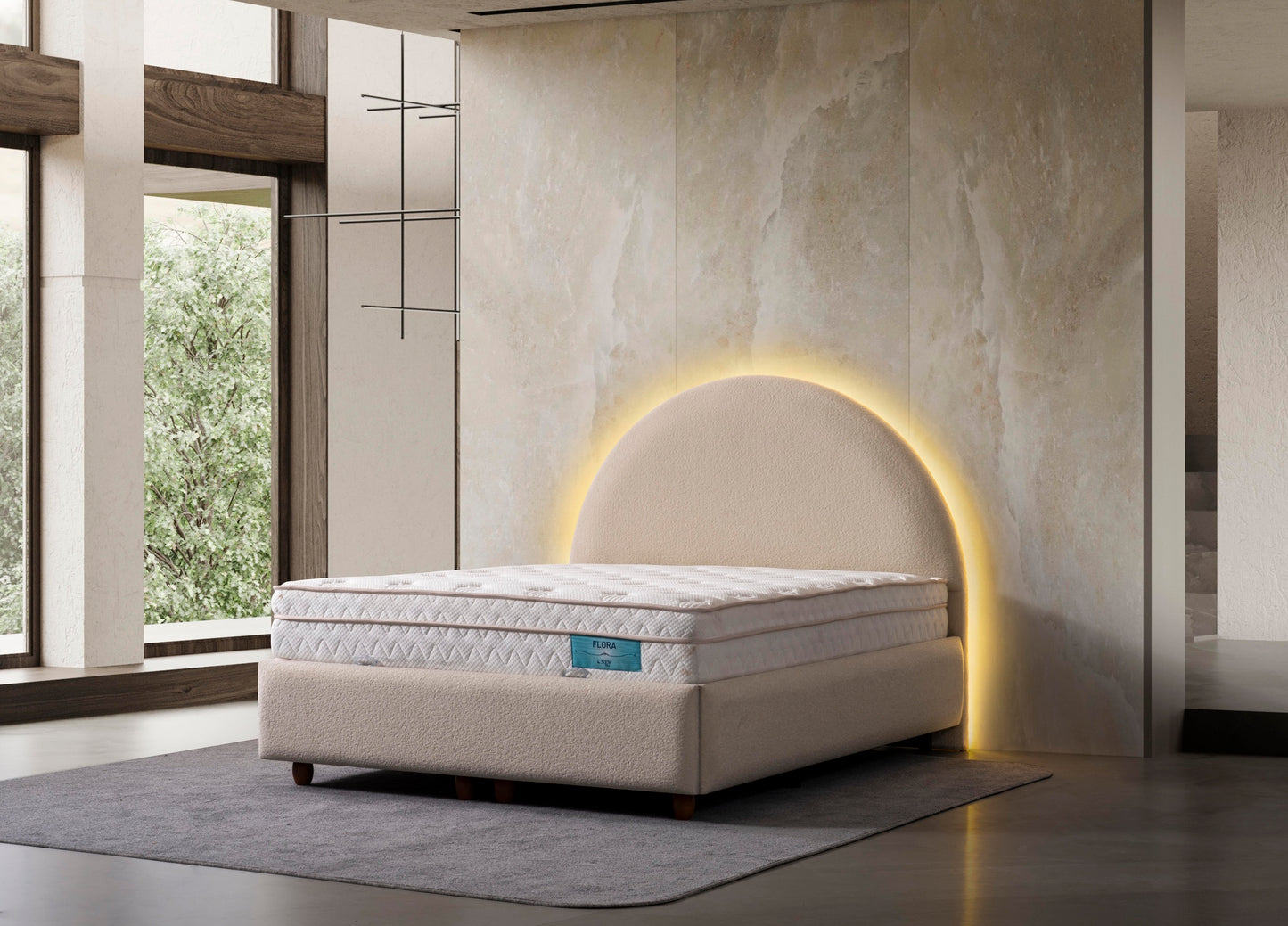 Polsterbett halbkreisförmiges Lichtkopfteil Stoff Bettkasten Schlafzimmer Schweiz – Ahié