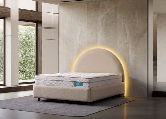 Polsterbett halbkreisförmiges Lichtkopfteil Stoff Bettkasten Schlafzimmer Schweiz – Ahié