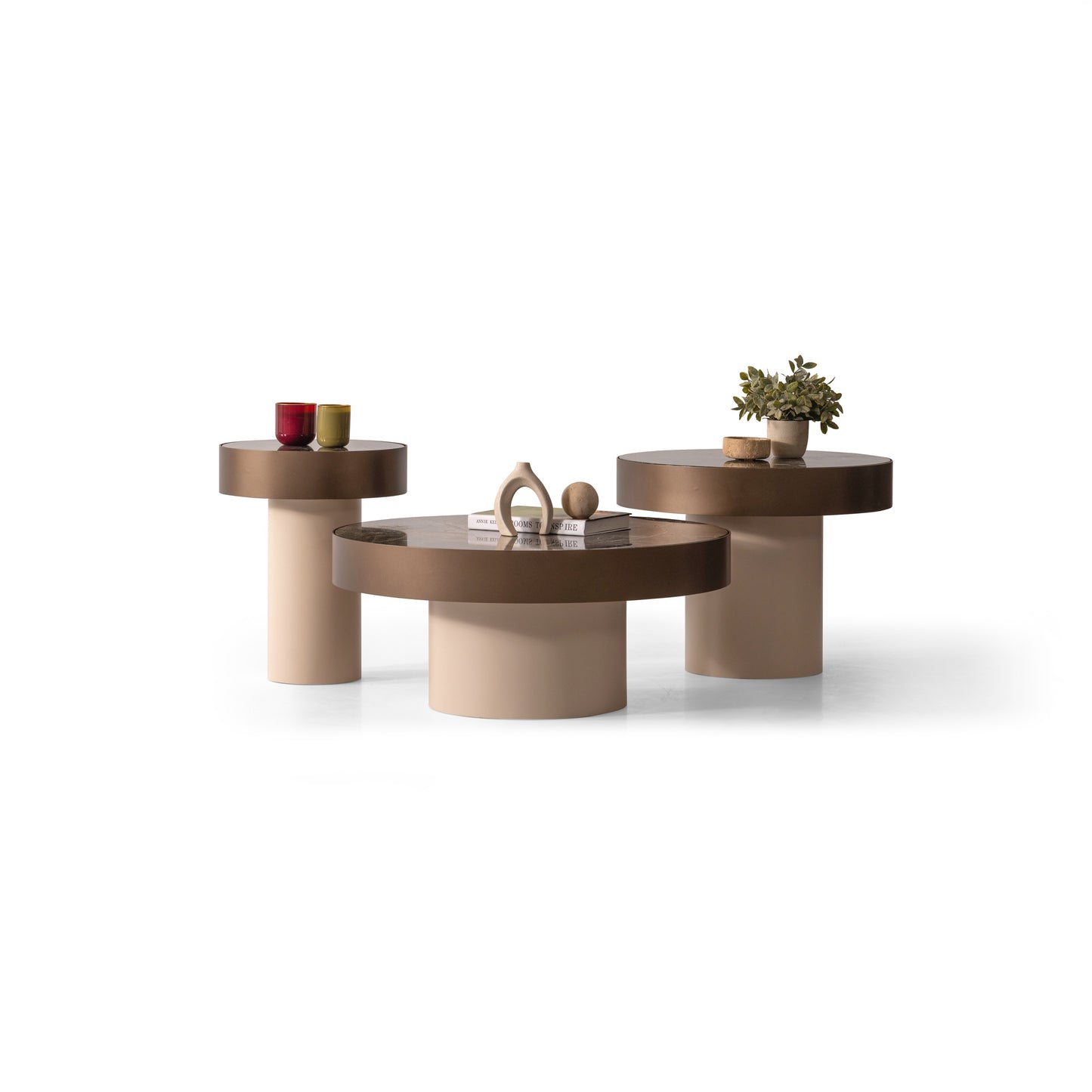 Rundes Couchtisch-Set mit Marmorplatte und Messingfuss – CT2401 – Ahié
