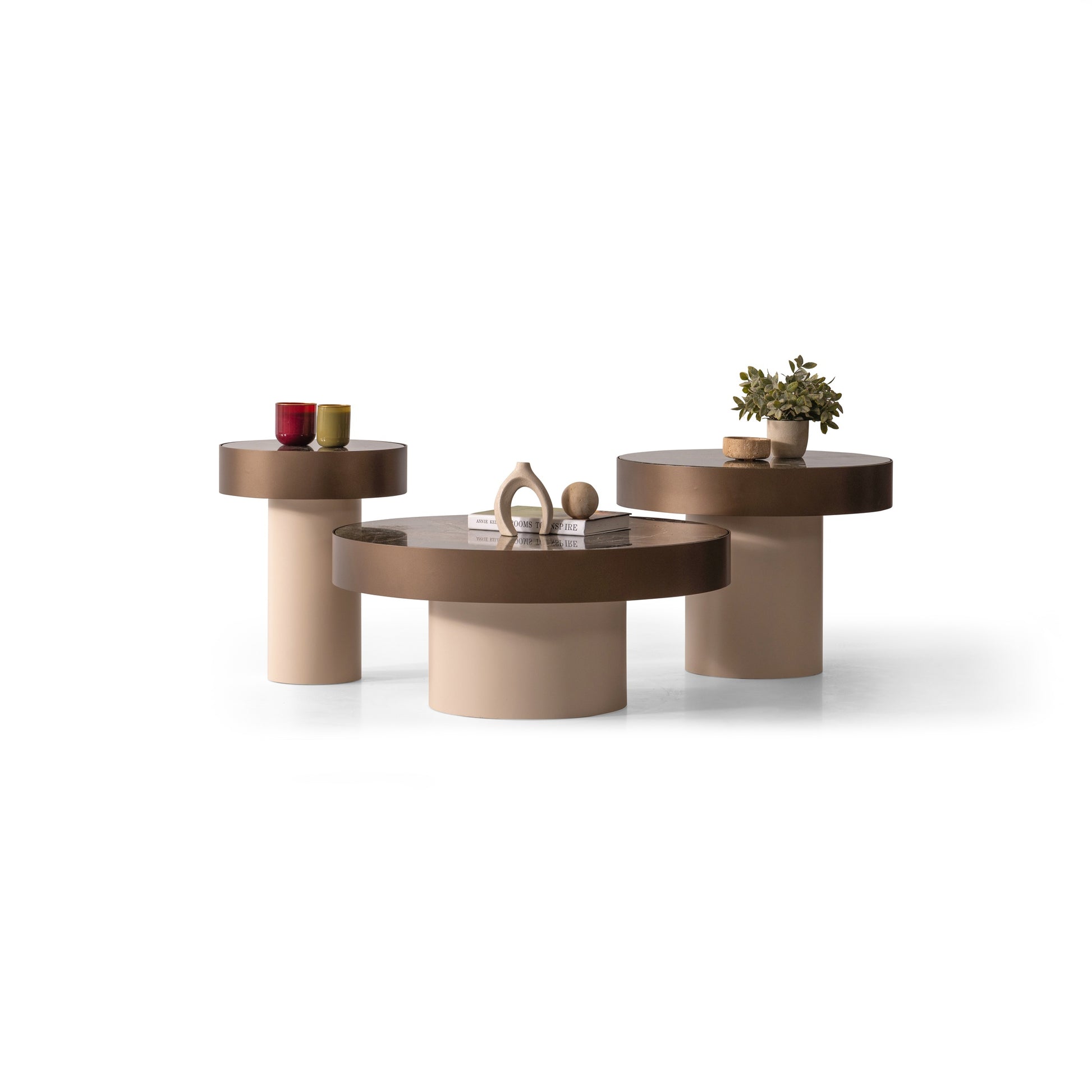 Rundes Couchtisch-Set mit Marmorplatte und Messingfuss – CT2401 – Ahié