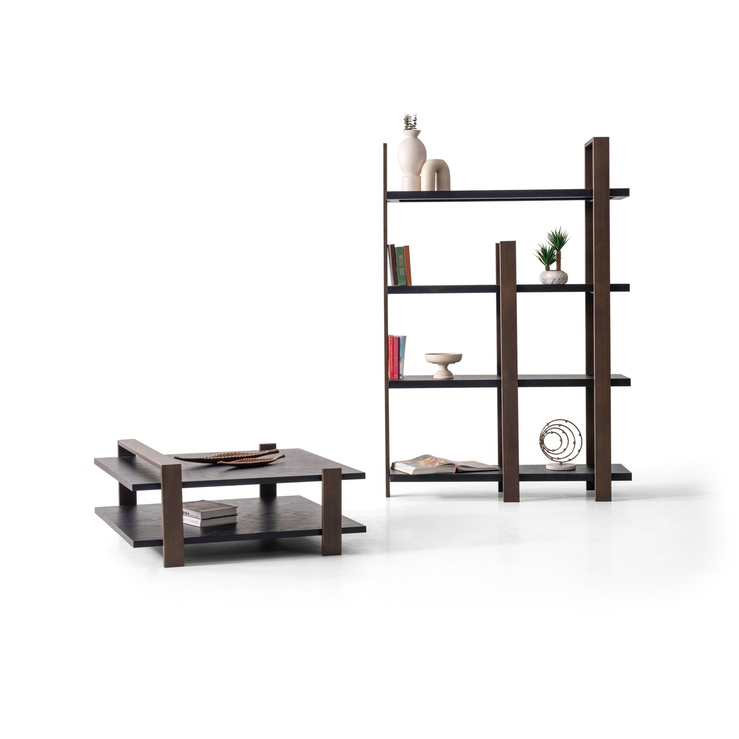 Couchtisch Echtholzfurnier mit zwei Etagen und Holzpfosten – CT2408 – Ahié