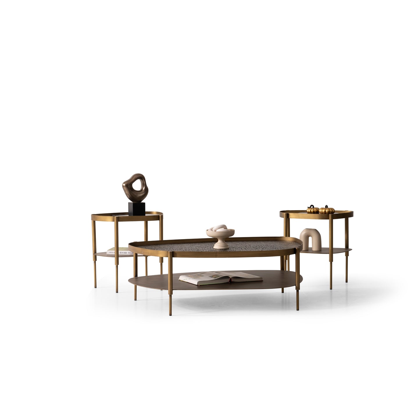 Couchtisch-Set Marmor und Glasplatte mit Messingoptik-Beinen – CT2409 – Ahié