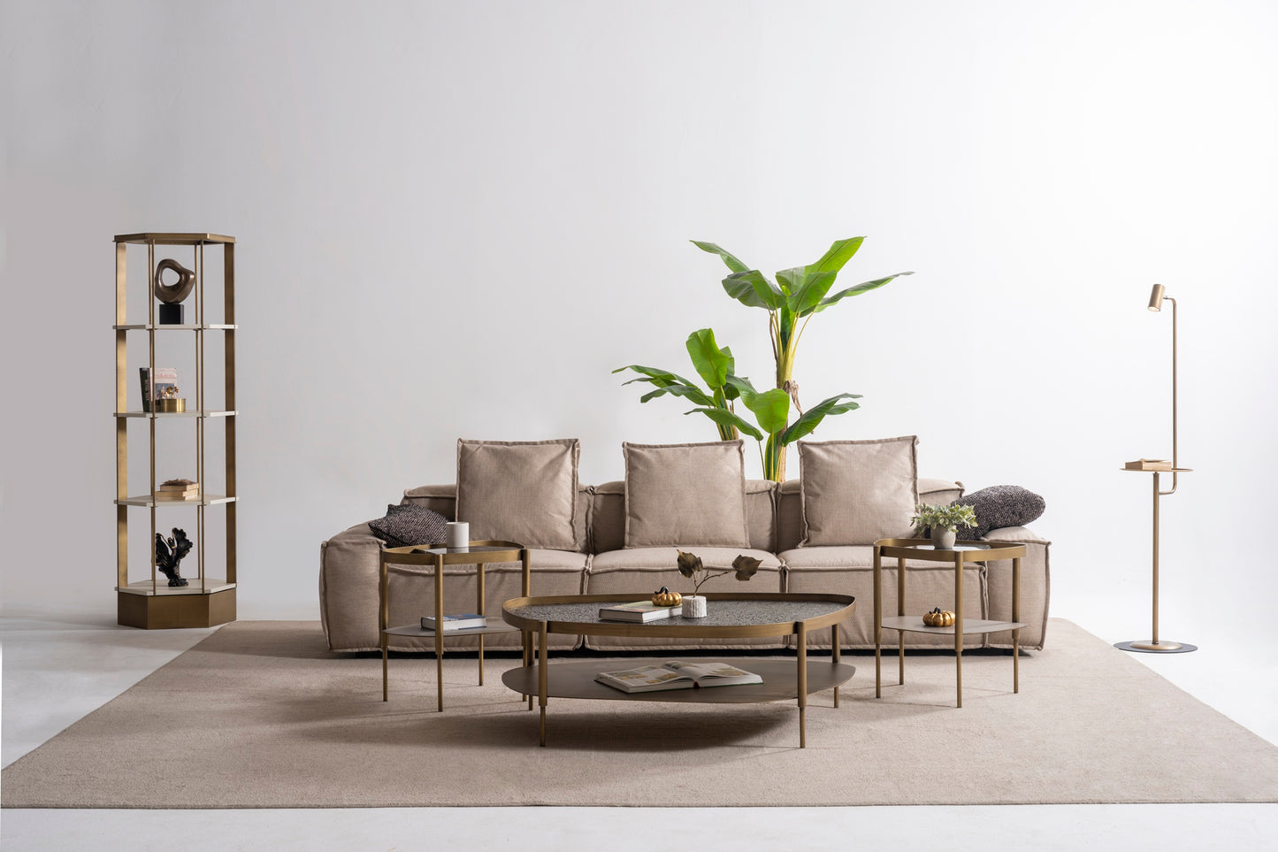 Couchtisch-Set Marmor und Glasplatte mit Messingoptik-Beinen – CT2409 – Ahié