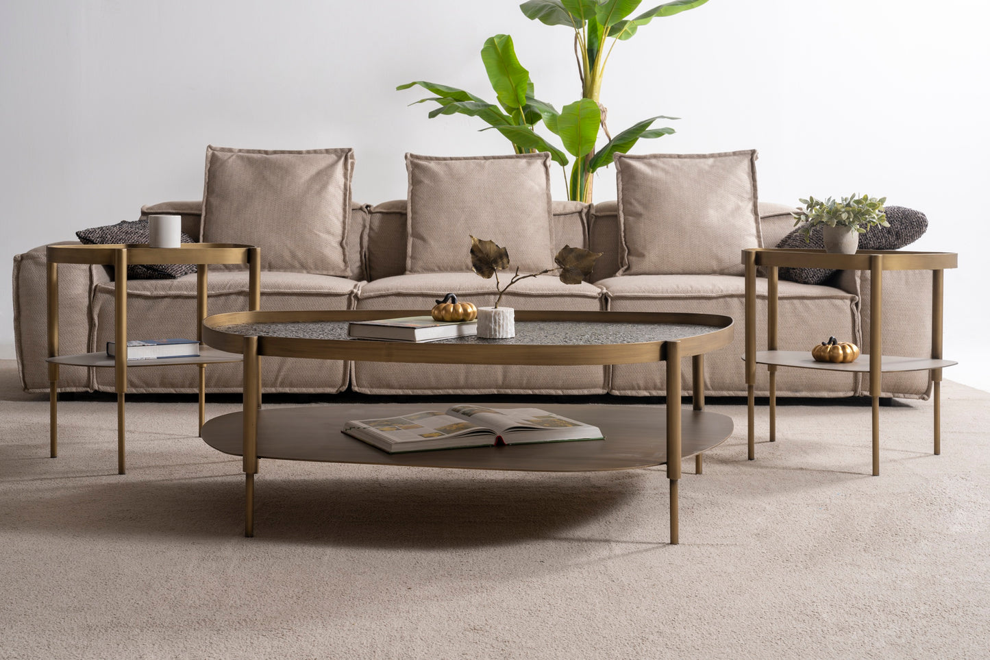 Couchtisch-Set Marmor und Glasplatte mit Messingoptik-Beinen – CT2409 – Ahié