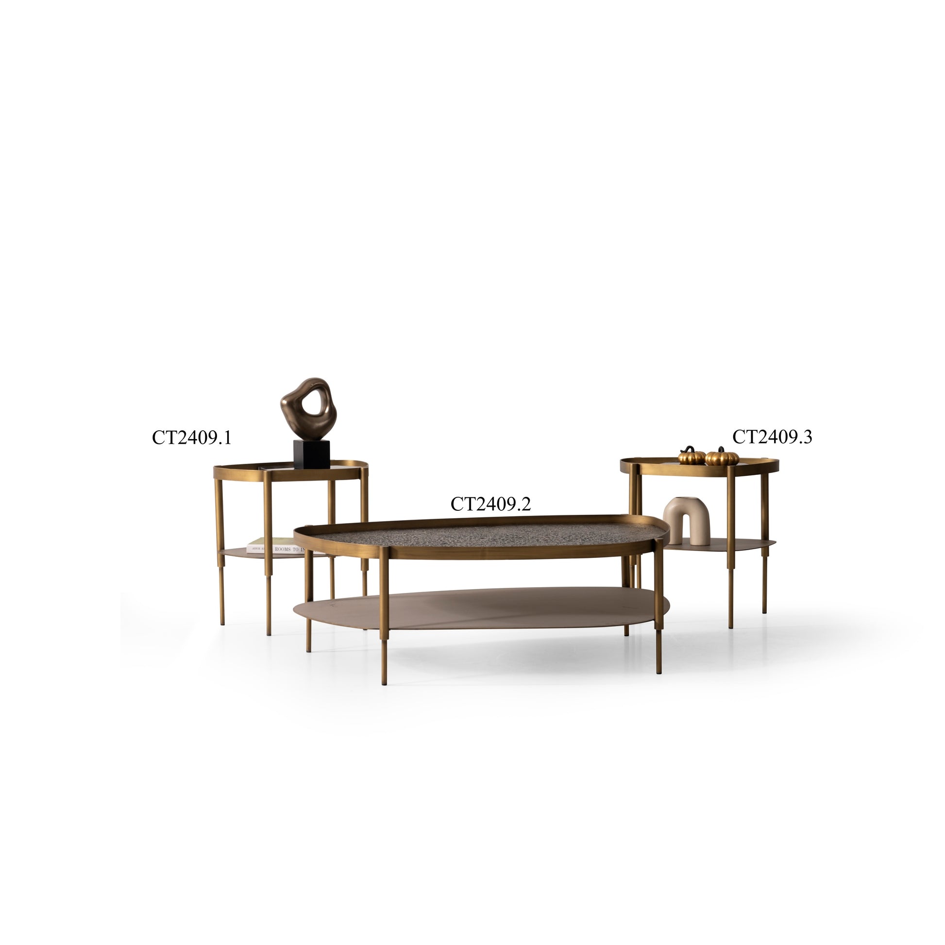 Couchtisch-Set Marmor und Glasplatte mit Messingoptik-Beinen – CT2409 – Ahié