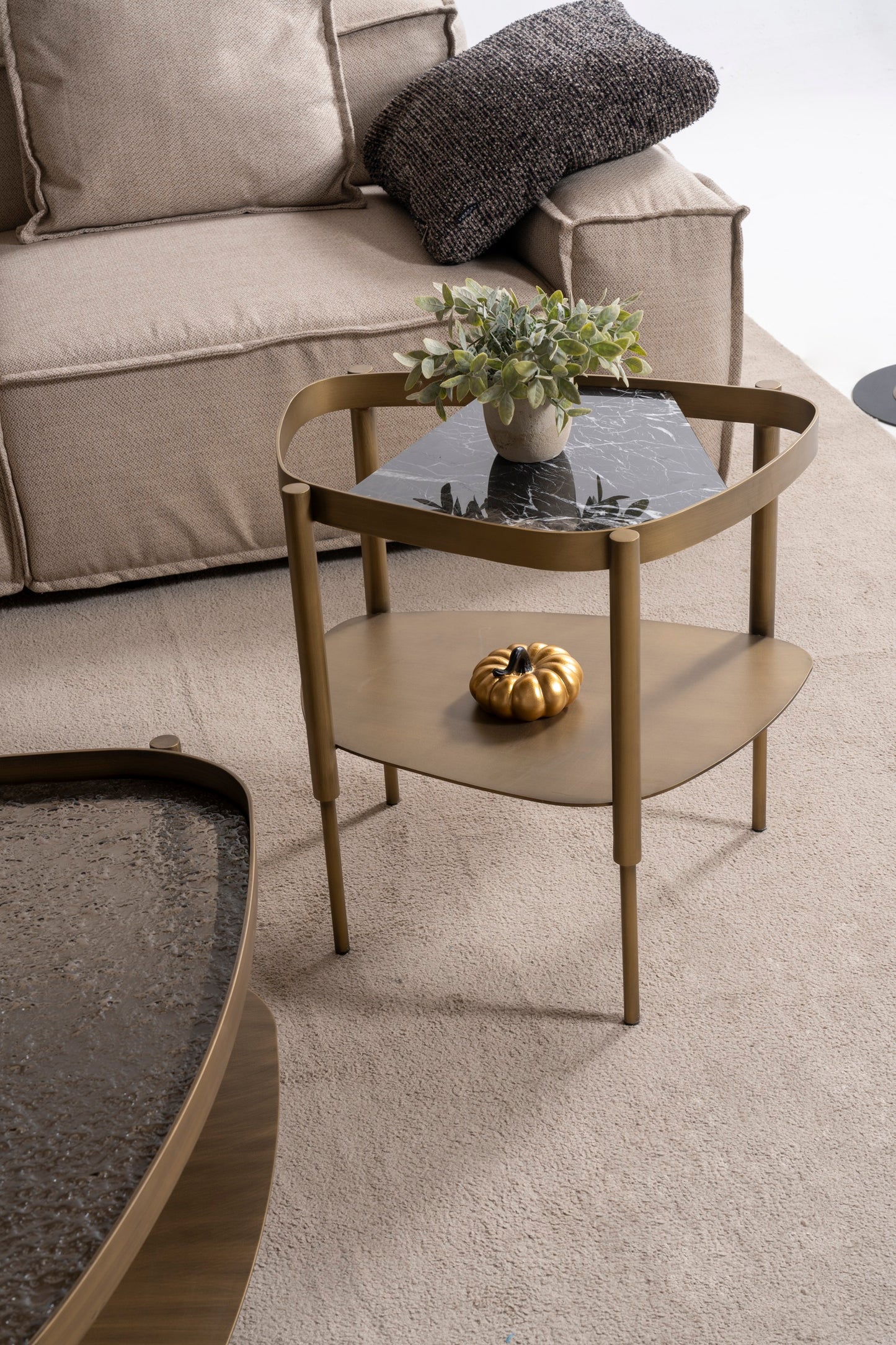 Couchtisch-Set Marmor und Glasplatte mit Messingoptik-Beinen – CT2409 – Ahié