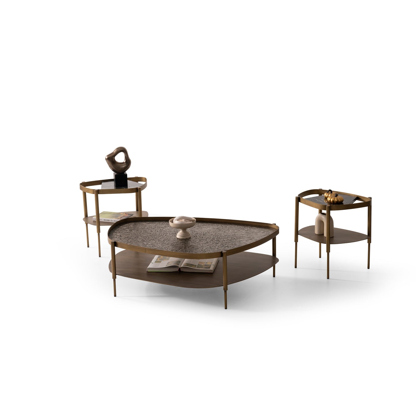 Couchtisch-Set Marmor und Glasplatte mit Messingoptik-Beinen – CT2409 – Ahié