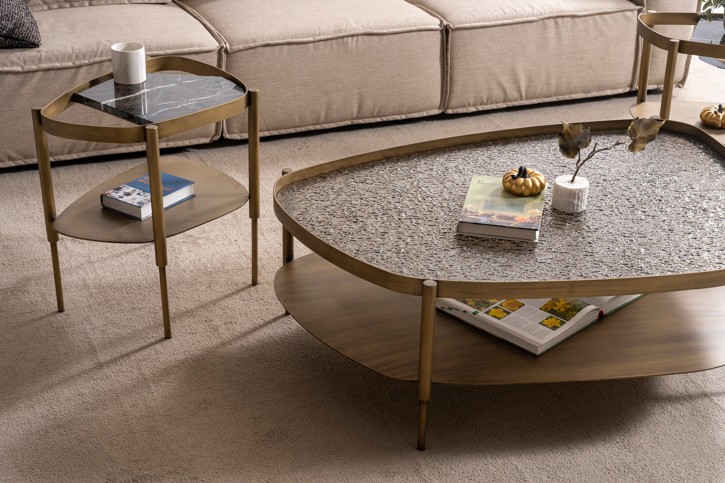 Couchtisch-Set Marmor und Glasplatte mit Messingoptik-Beinen – CT2409 – Ahié
