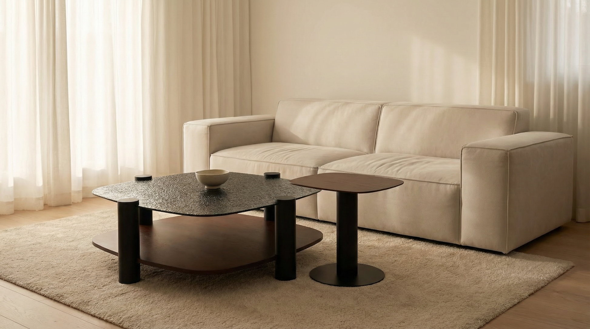 Couchtisch-Set Glas- und Furnier-Platte auf Metallbeinen – CT2414 – Ahié