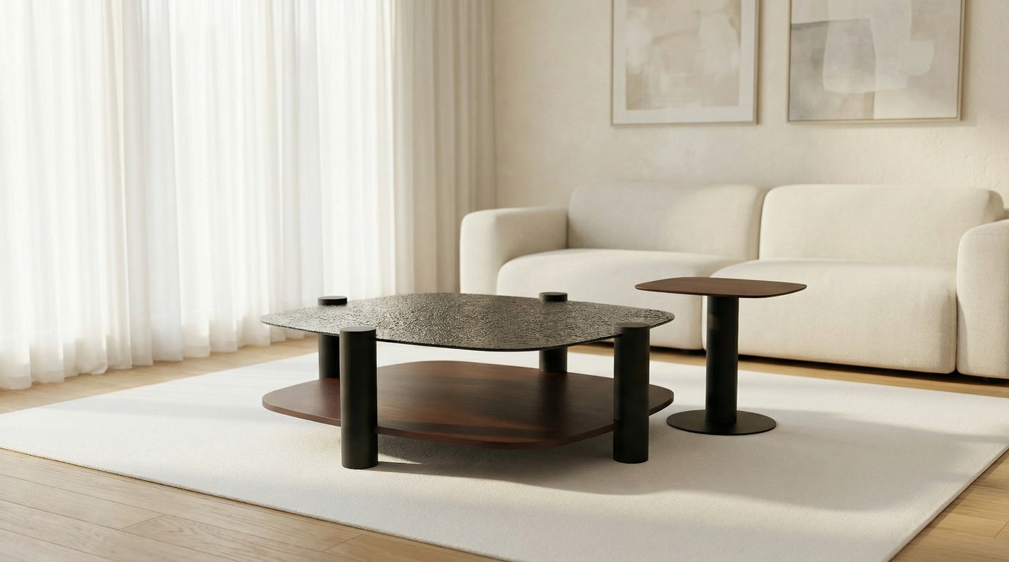 Couchtisch-Set Glas- und Furnier-Platte auf Metallbeinen – CT2414 – Ahié
