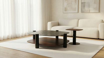 Couchtisch-Set Glas- und Furnier-Platte auf Metallbeinen – CT2414 – Ahié