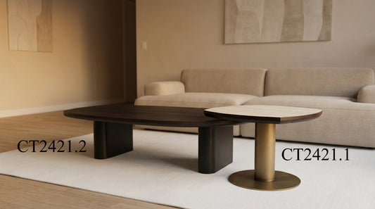 Ovaler Couchtisch gerippte Furnierplatte auf Metallbeinen – CT2421 – Ahié