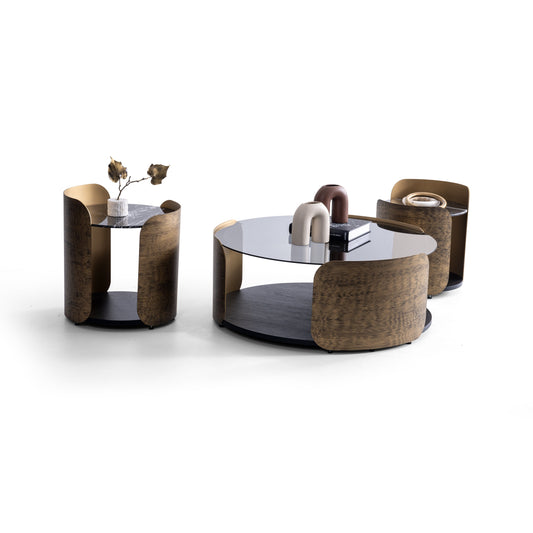 Rundes Couchtisch-Set Glasplatte Furnier mit Messingoptik-Akzenten – CT2422 – Ahié