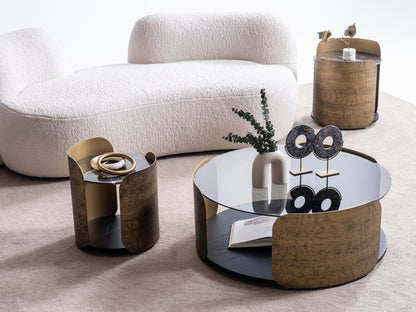 Rundes Couchtisch-Set Glasplatte Furnier mit Messingoptik-Akzenten – CT2422 – Ahié