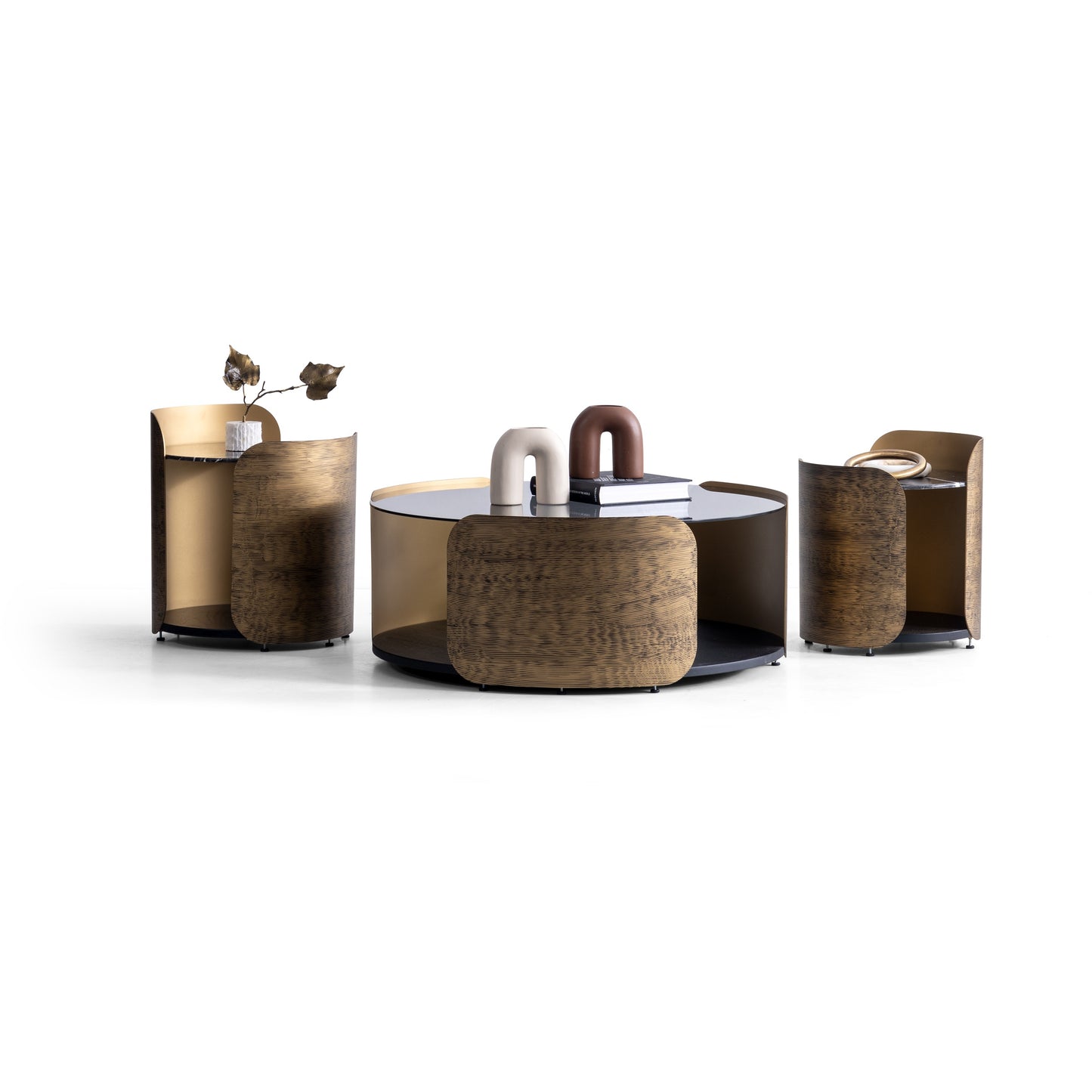 Rundes Couchtisch-Set Glasplatte Furnier mit Messingoptik-Akzenten – CT2422 – Ahié
