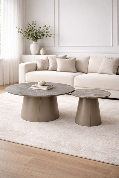 Couchtisch-Set rund Keramikplatte mit konischem Metallsockel – CT2425 – Ahié