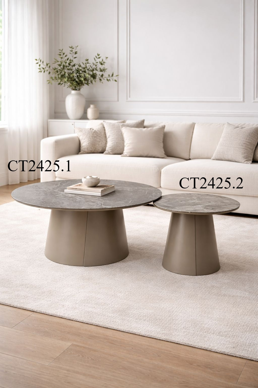 Couchtisch-Set rund Keramikplatte mit konischem Metallsockel – CT2425 – Ahié