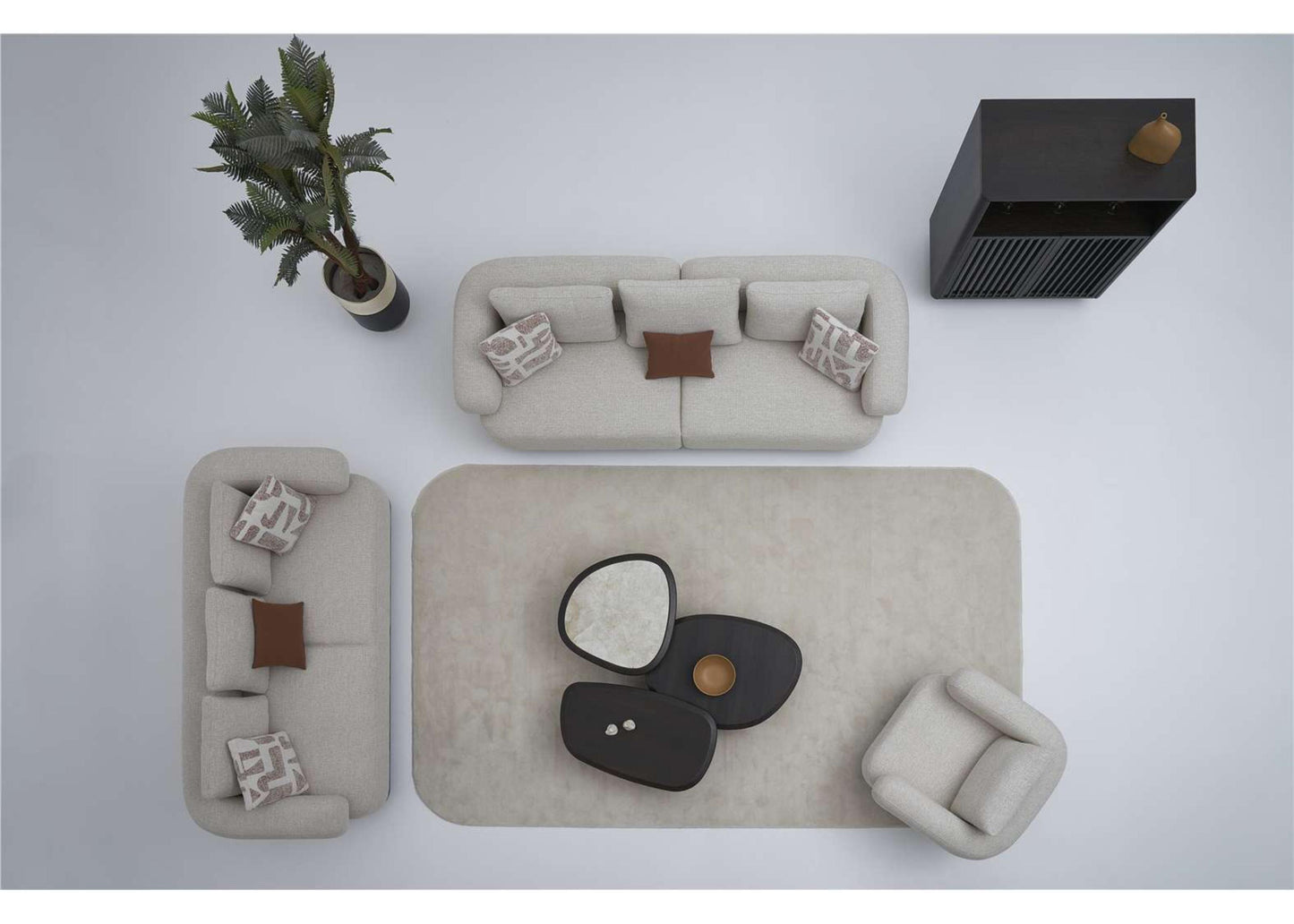 2-Sitzer Sofa mit sichtbar aufgebauter Polsterung in hellbeigem Stoff – Ahié
