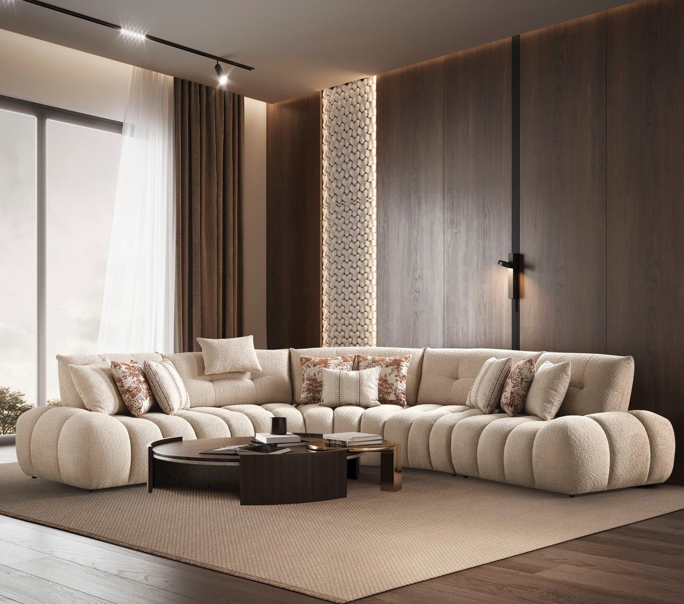 Ecksofa mit breit geführter Eckpolsterung und tief auslaufender Lounge-Polsterung in Variante 1 – Ahié