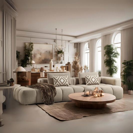 Ecksofa mit breit geführter Eckpolsterung und tief auslaufender Lounge-Polsterung in Variante 2