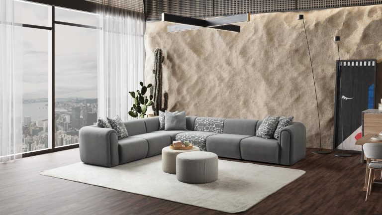 Ecksofa mit breit geführter Eckpolsterung und tief auslaufender Lounge-Polsterung in Variante 4 – Ahié