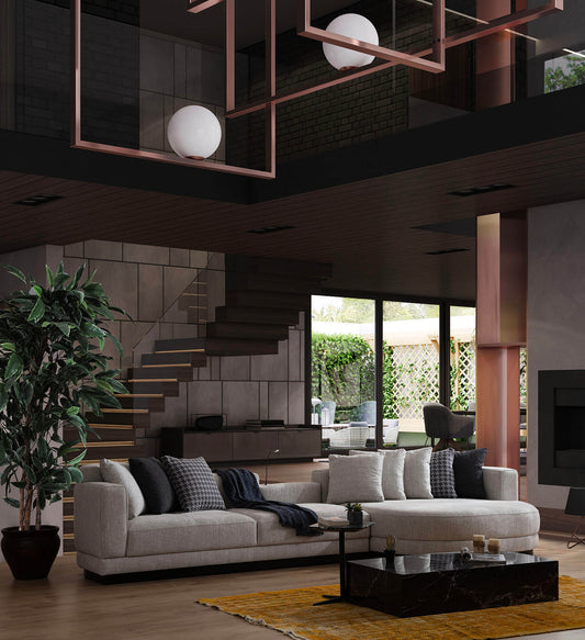 Ecksofa mit präzise gefasster Polsterkante und tief auslaufender Lounge-Polsterung